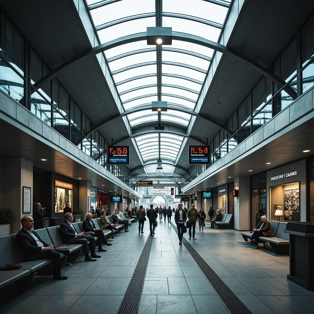 Prompt: Modern bus station interior, sleek metal framework, glass roofs, natural light pouring in, efficient passenger flow, clear signage, digital displays, comfortable seating areas, ample legroom, charging stations, minimalist decor, industrial-style flooring, urban atmosphere, busy morning commute, soft overhead lighting, shallow depth of field, 1/1 composition, realistic textures, ambient occlusion.