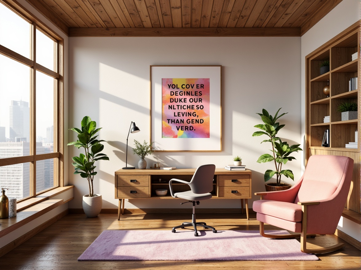 Prompt: Vibrant design studio, modern minimalist interior, sleek wooden desk, ergonomic chair, colorful artwork, inspirational quotes, natural light pouring in, large windows, urban cityscape view, warm beige walls, rich brown furniture, pastel pink accents, creamy white textures, bold typography, geometric patterns, subtle gradient effects, soft focus, shallow depth of field, 1/1 composition, realistic rendering, ambient occlusion.