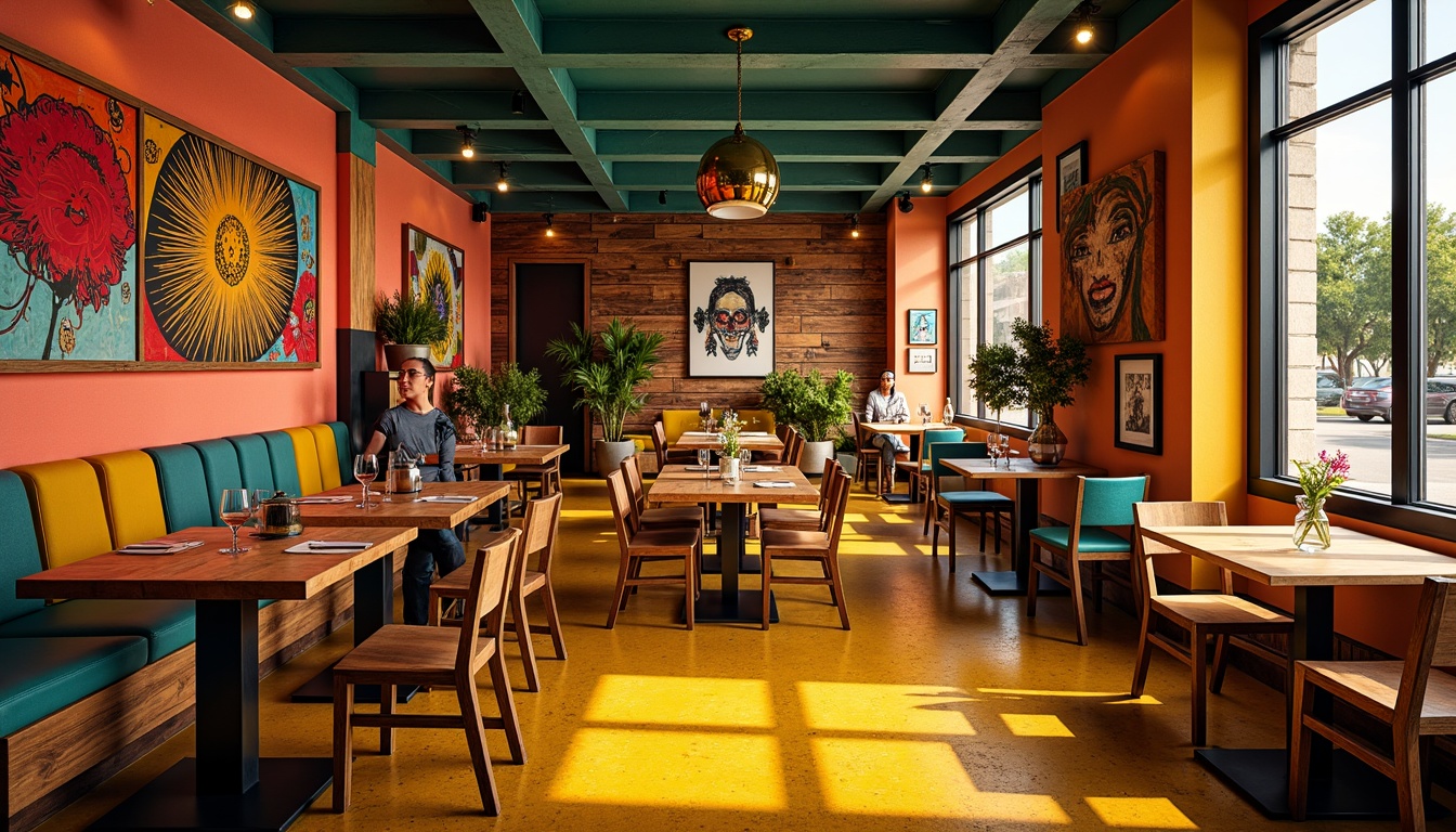 Prompt: Vibrant restaurant interior, expressionist art style, bold color palette, warm golden lighting, rich wood accents, eclectic furniture, abstract artwork, geometric patterns, bright coral walls, deep turquoise ceilings, sunny yellow floors, distressed metal decorations, reclaimed wood textures, industrial chic atmosphere, dramatic shadows, high contrast ratio, 1/2 composition, cinematic lighting, realistic reflections.