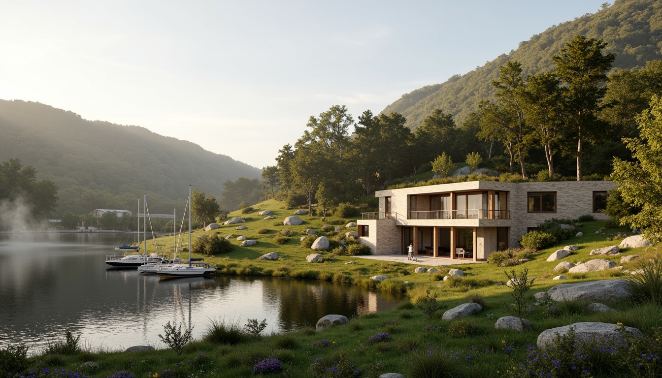 Prompt: Rolling hills, lush green meadows, serene lakeside, wooden docks, sailboats, misty morning, warm sunlight, soft focus, shallow depth of field, 3/4 composition, panoramic view, realistic textures, ambient occlusion, modern eco-friendly architecture, sustainable design, natural stone walls, reclaimed wood accents, floor-to-ceiling windows, sliding glass doors, minimalist interior, organic shapes, earthy color palette, seamless integration with nature.