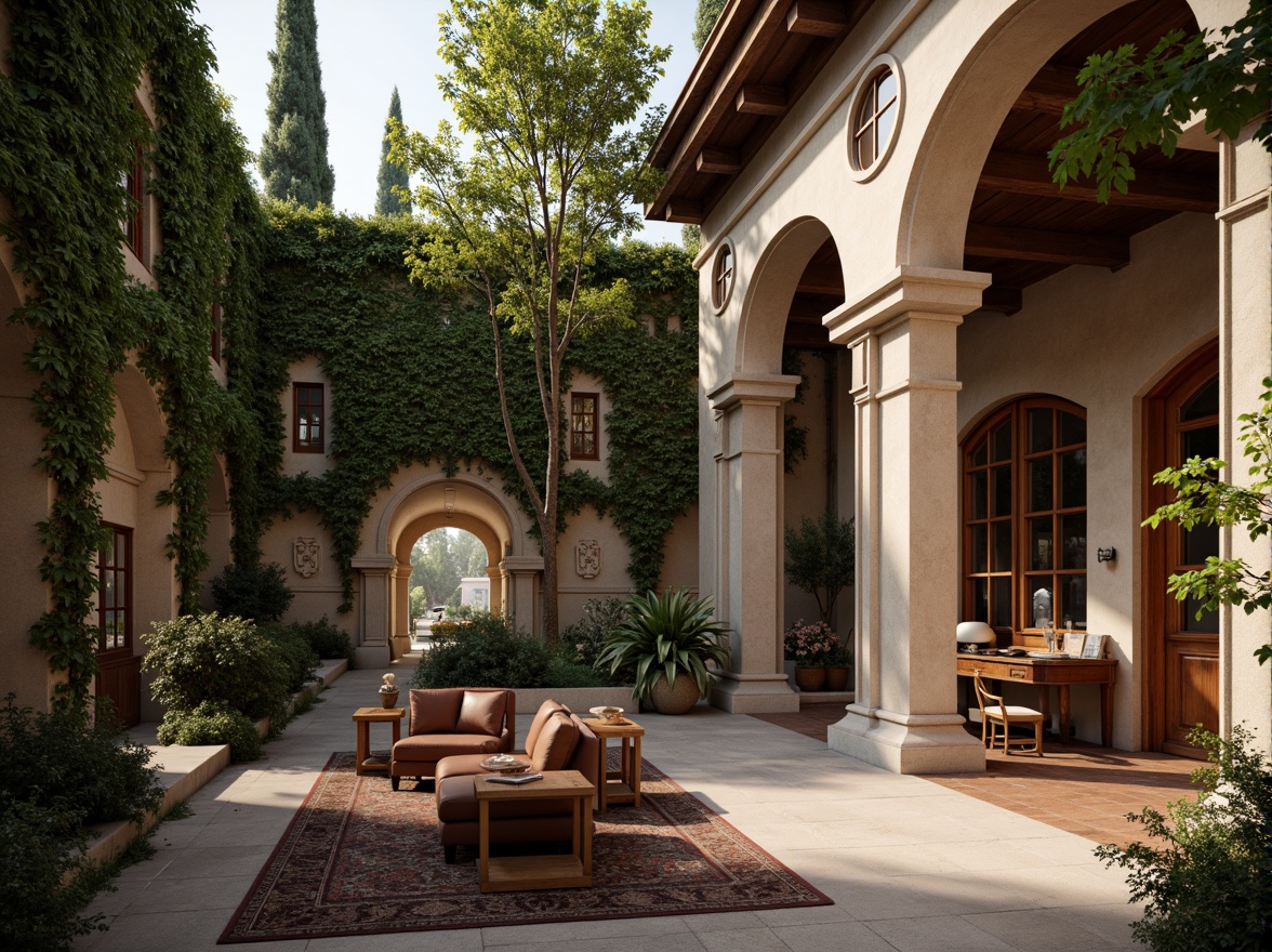 Prompt: Traditional university buildings, ivy-covered walls, ornate stone carvings, rich wood tones, warm beige stucco, classic columns, elegant archways, sophisticated neutral colors, earthy brown furniture, vintage leather-bound books, subtle golden accents, soft natural lighting, shallow depth of field, 1/1 composition, realistic textures, ambient occlusion.