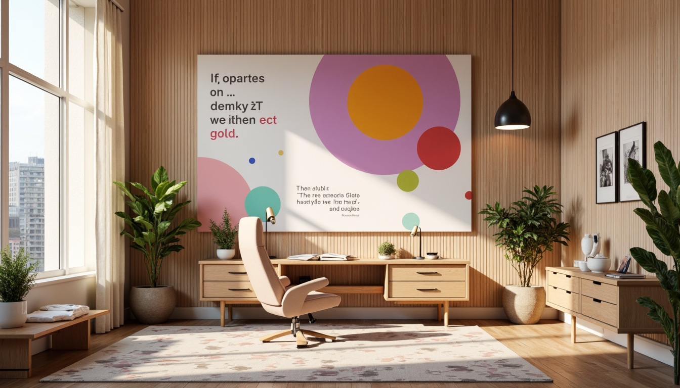 Prompt: Vibrant design studio, modern minimalist interior, sleek wooden desk, ergonomic chair, colorful artwork, inspirational quotes, natural light pouring in, large windows, urban cityscape view, warm beige walls, rich brown furniture, pastel pink accents, creamy white textures, bold typography, geometric patterns, abstract shapes, soft focus, shallow depth of field, 1/1 composition, realistic rendering, ambient occlusion.