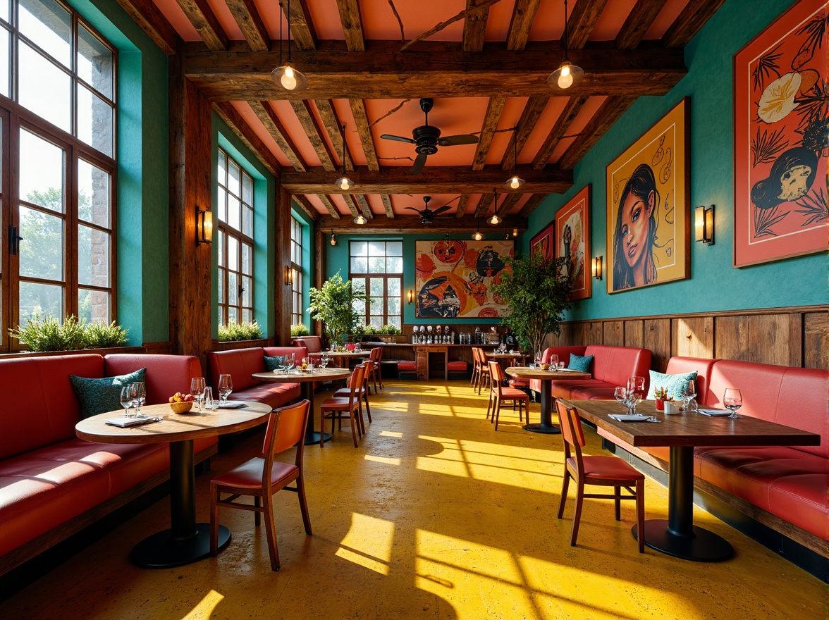 Prompt: Vibrant restaurant interior, expressionist art style, bold color palette, warm golden lighting, rich wood accents, eclectic furniture, abstract artwork, geometric patterns, bright coral walls, deep turquoise ceilings, sunny yellow floors, distressed metal decorations, reclaimed wood textures, industrial chic atmosphere, dramatic shadows, high contrast ratio, 1/2 composition, cinematic lighting, realistic reflections.