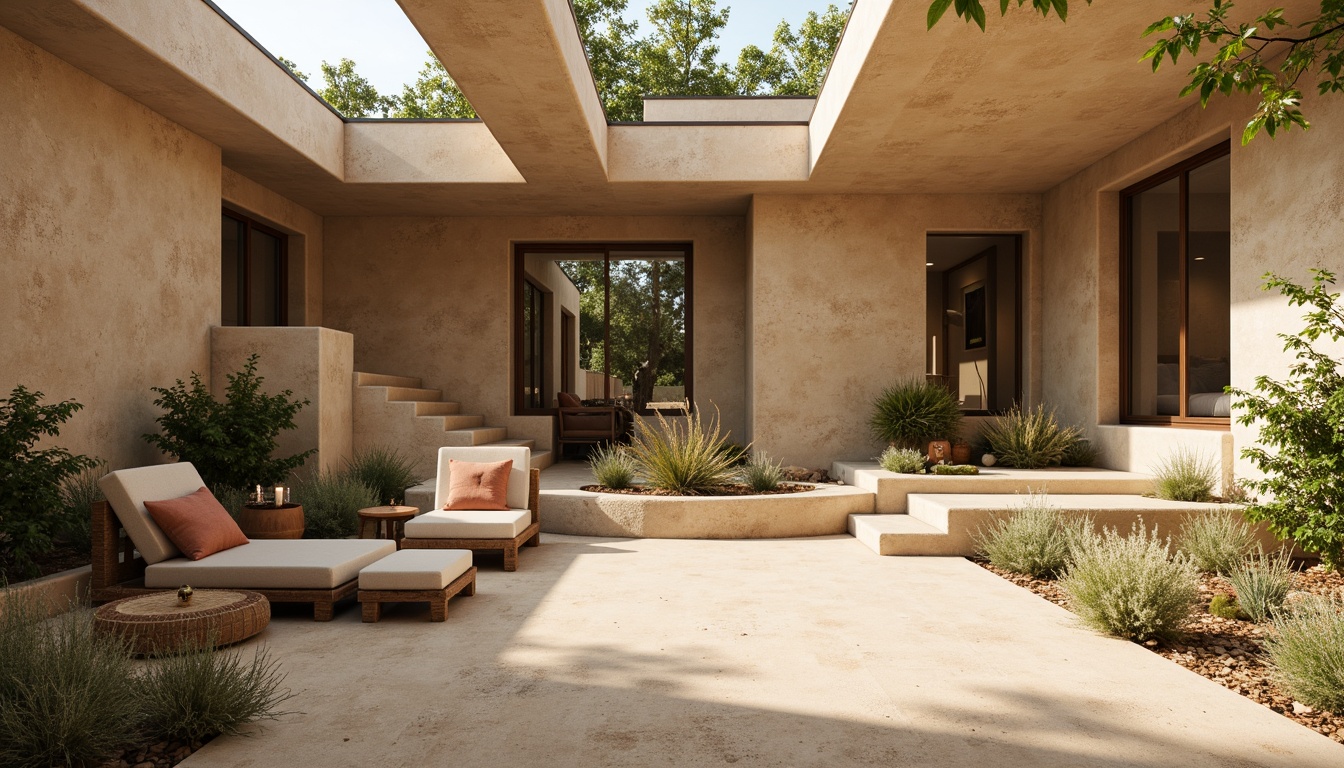 Prompt: Earthy rammed earth walls, natural textures, organic forms, sustainable architecture, eco-friendly materials, rustic charm, warm beige tones, rough-hewn surfaces, modern minimalist design, large windows, clerestory lighting, open floor plans, cozy nooks, nature-inspired color palette, soft diffused light, shallow depth of field, 1/1 composition, realistic renderings, ambient occlusion.