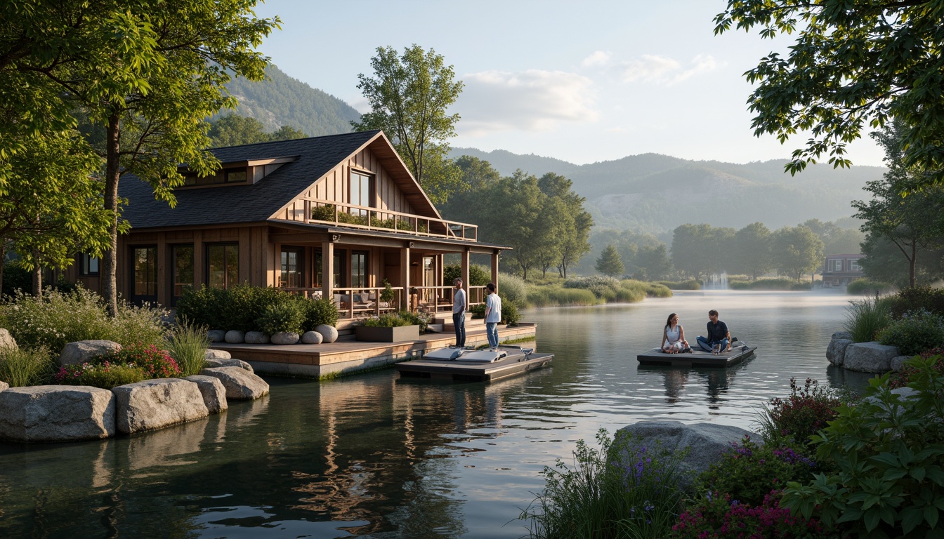 Prompt: Waterfront boathouse, rustic wooden docks, serene lake views, lush greenery, vibrant flowers, natural stone walls, wooden accents, nautical decorations, cozy interior spaces, warm lighting, shallow depth of field, 3/4 composition, panoramic view, realistic textures, ambient occlusion, tranquil atmosphere, soft misty morning, gentle lapping water sounds.