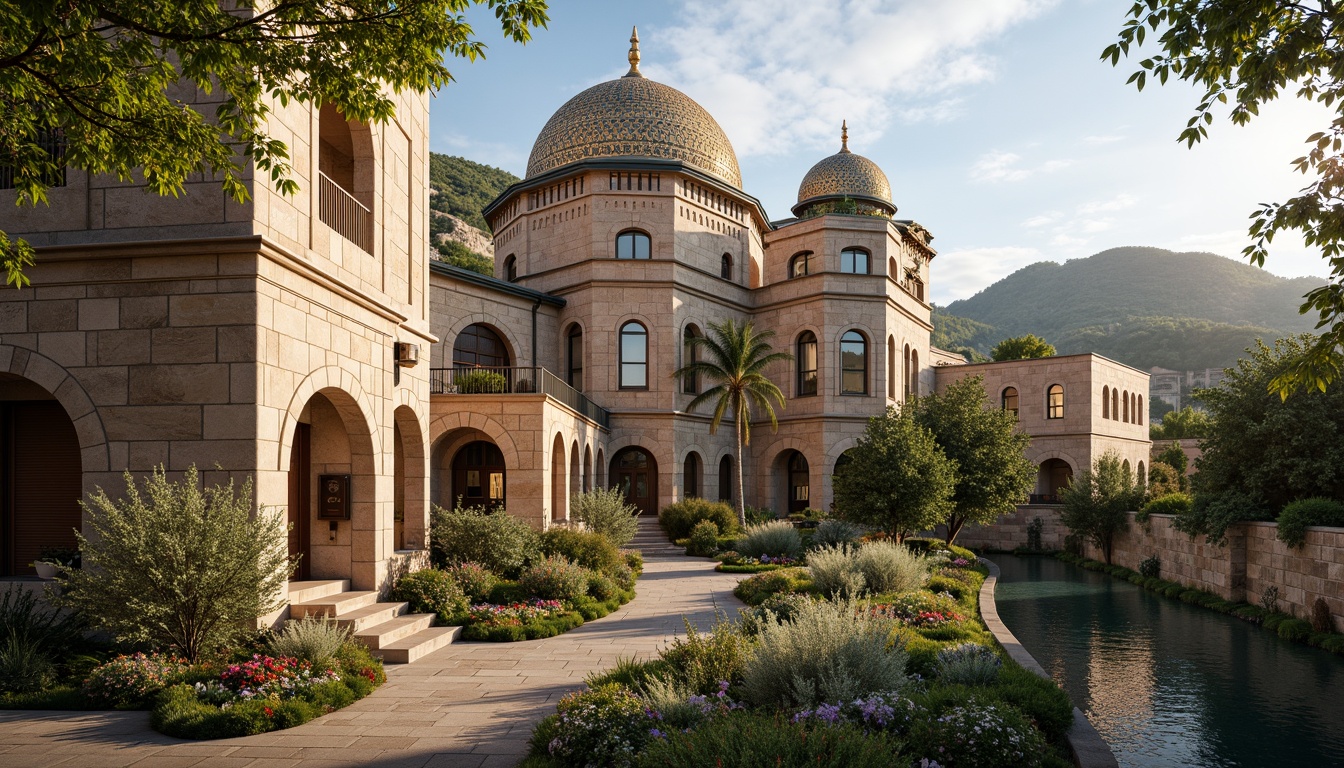 Prompt: Majestic Byzantine-style buildings, intricately carved stone facades, golden domes, ornate mosaics, lush greenery, blooming flowers, serene water features, meandering pathways, rustic stone walls, ancient olive trees, warm Mediterranean sunlight, soft warm lighting, shallow depth of field, 3/4 composition, panoramic view, realistic textures, ambient occlusion.