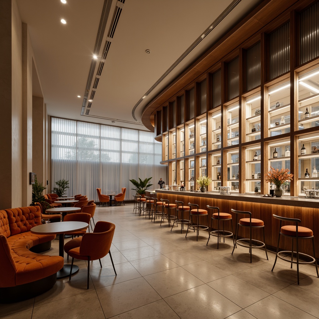 Prompt: Sleek bar interior, polished chrome accents, rich walnut wood, luxurious velvet upholstery, metallic silver lighting fixtures, frosted glass partitions, minimalist decor, modern streamline architecture, curved lines, geometric shapes, high-gloss finishes, ambient LED lighting, warm beige tones, sophisticated atmosphere, 1/1 composition, shallow depth of field, soft focus blur.