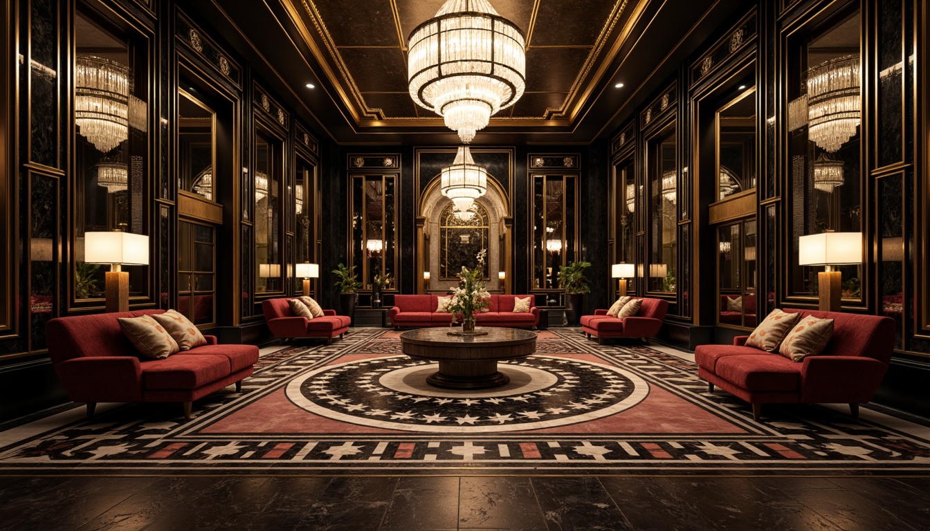 Prompt: Luxurious Art Deco interior, ornate metalwork, geometric patterns, glossy black surfaces, polished chrome accents, rich velvet fabrics, intricate marble inlays, opulent chandeliers, lavish furnishings, bold color schemes, metallic sheen, high-contrast lighting, dramatic shadows, 1/1 composition, low-angle shot, cinematic atmosphere, realistic reflections, detailed textures.