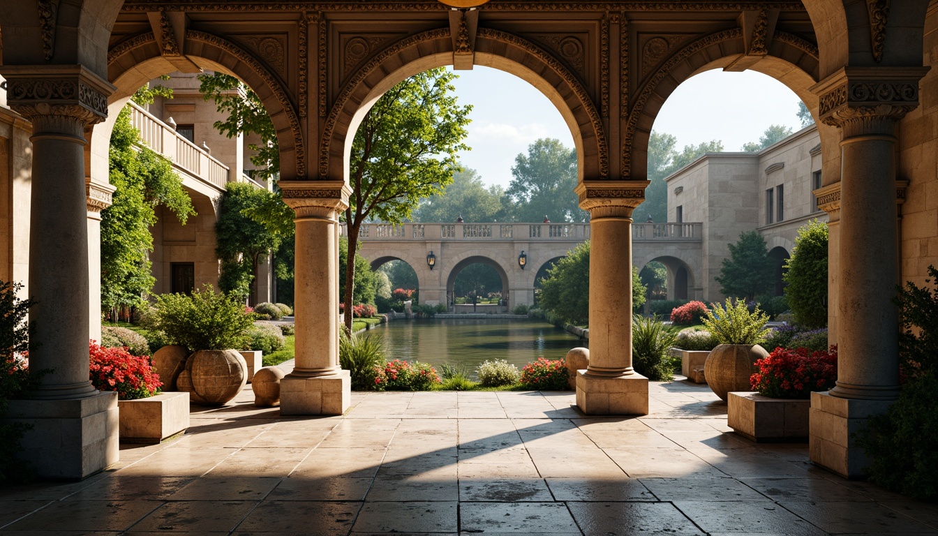 Prompt: Rustic stone archways, ornate carvings, grandiose bridges, serene water reflections, lush greenery, vibrant flowers, majestic pillars, classical balustrades, intricate stonework, weathered brick surfaces, ornamental lanterns, soft warm lighting, shallow depth of field, 3/4 composition, panoramic view, realistic textures, ambient occlusion.