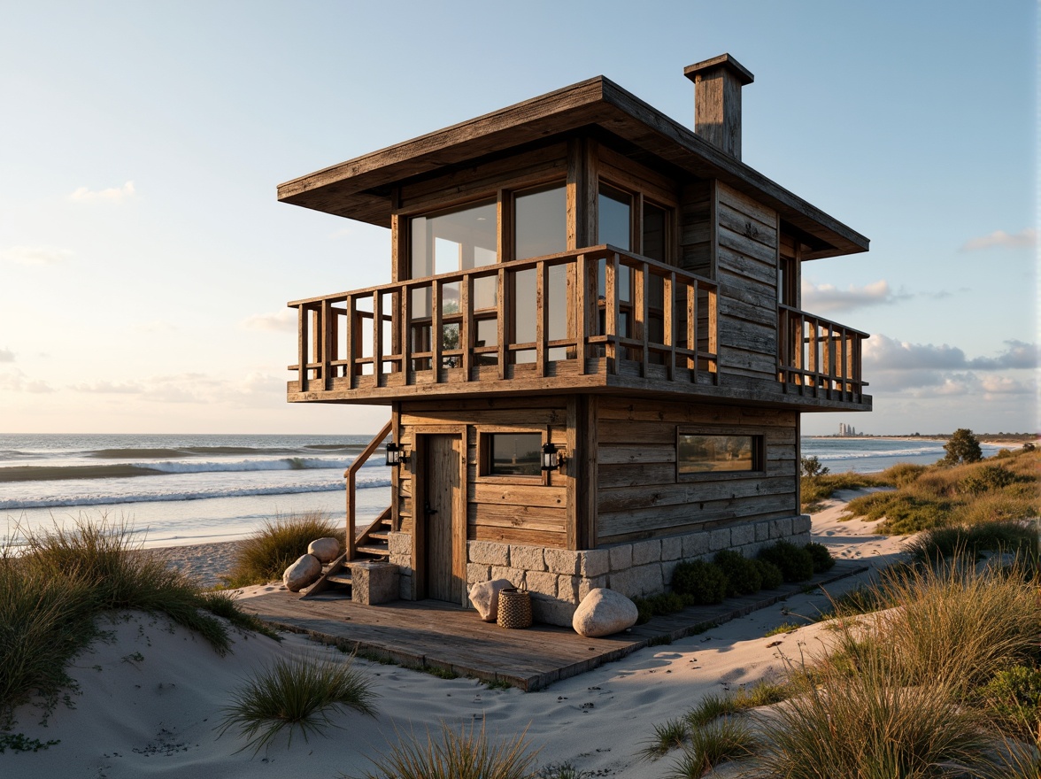 Prompt: Weathered wooden watching tower, driftwood accents, nautical rope details, ocean-inspired color palette, sea-salt air, crashing waves, sandy dunes, beachy grasses, weathered stone foundation, rustic metal fixtures, lantern-style lighting, panoramic ocean views, 1/1 composition, dramatic shadows, warm golden hour lighting, realistic wood textures, ambient ocean sounds.