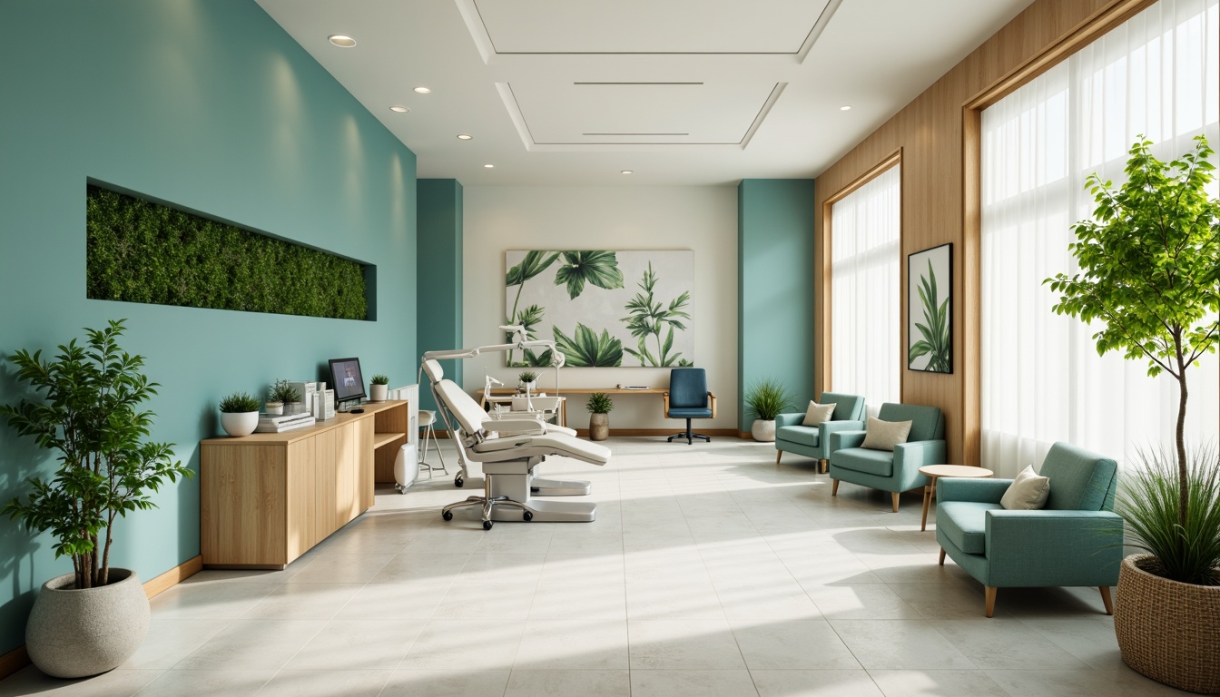 Prompt: Calming dental clinic, soothing blue-green color scheme, creamy whites, warm beige tones, natural wood accents, gentle curves, minimalist decor, modern medical equipment, sleek stainless steel surfaces, comfortable waiting area, lush green plants, soft overhead lighting, shallow depth of field, 1/1 composition, realistic textures, ambient occlusion.