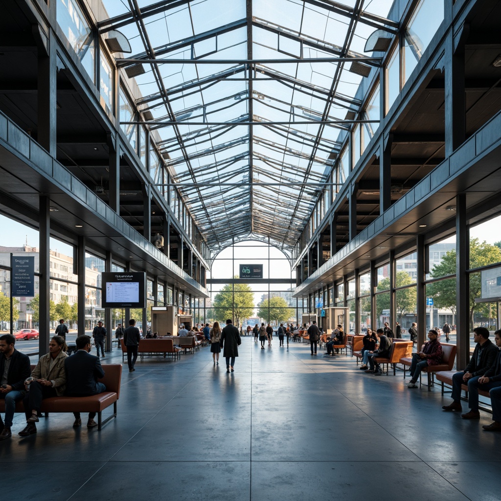 Prompt: Modern bus station interior, sleek metal framework, glass roofs, natural light pouring in, efficient passenger flow, clear signage, digital displays, comfortable seating areas, ample legroom, charging stations, minimalist decor, industrial-style flooring, urban atmosphere, busy morning commute, soft overhead lighting, shallow depth of field, 1/1 composition, realistic textures, ambient occlusion.