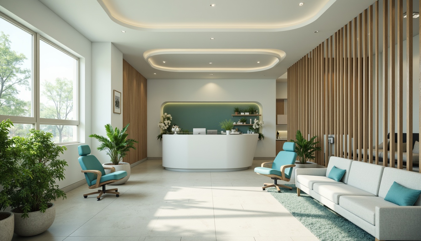 Prompt: Calming dental clinic, soothing blue-green color scheme, creamy whites, warm beige tones, natural wood accents, gentle curves, minimalist decor, modern medical equipment, sleek stainless steel surfaces, comfortable waiting area, lush green plants, soft overhead lighting, shallow depth of field, 1/1 composition, realistic textures, ambient occlusion.