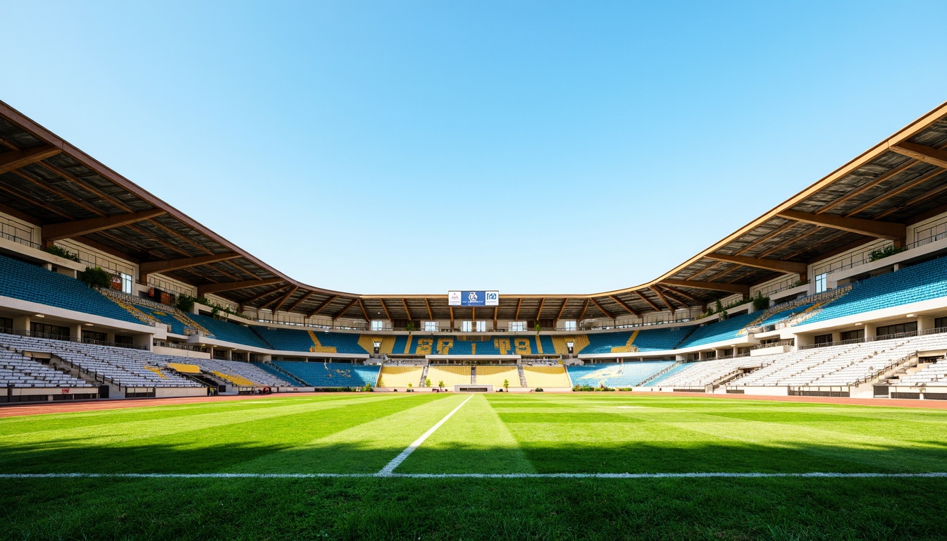 Prompt: Vibrant green grass, athletic tracks, bold white lines, bright yellow goalposts, sturdy metal fences, natural earthy tones, sunny day, clear blue sky, dynamic shadows, realistic textures, ambient occlusion, 3/4 composition, panoramic view, modern sports architecture, sleek stadium design, innovative lighting systems.