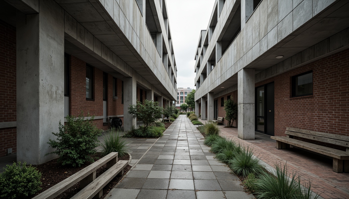 Prompt: Rough-hewn concrete walls, exposed ductwork, industrial metal beams, raw brick facades, brutalist campus buildings, rugged stone pathways, weathered wooden benches, distressed metal railings, urban landscape, overcast skies, dramatic shadows, high-contrast lighting, abstract compositions, moody atmospheric effects, realistic material textures, ambient occlusion.