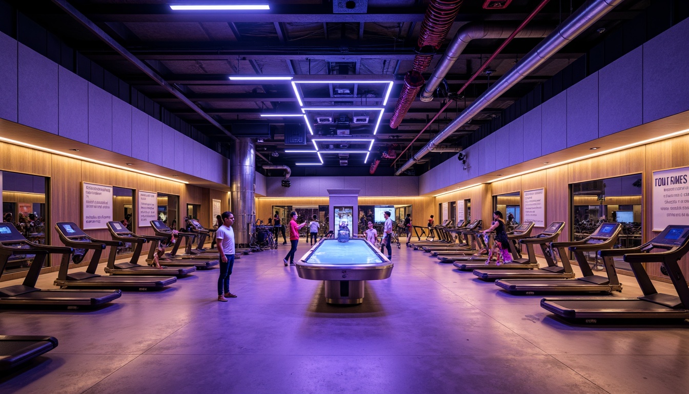 Prompt: High-ceilinged fitness club, sleek metal equipment, neon-lit LED lights, dynamic color-changing ambiance, futuristic architectural design, polished concrete floors, mirrored walls, state-of-the-art sound systems, energizing atmosphere, motivational quotes, modern minimalist decor, high-intensity workout areas, yoga and Pilates zones, relaxation lounges, floor-to-ceiling windows, natural daylight, soft warm glow, 1/2 composition, shallow depth of field, realistic textures, ambient occlusion.