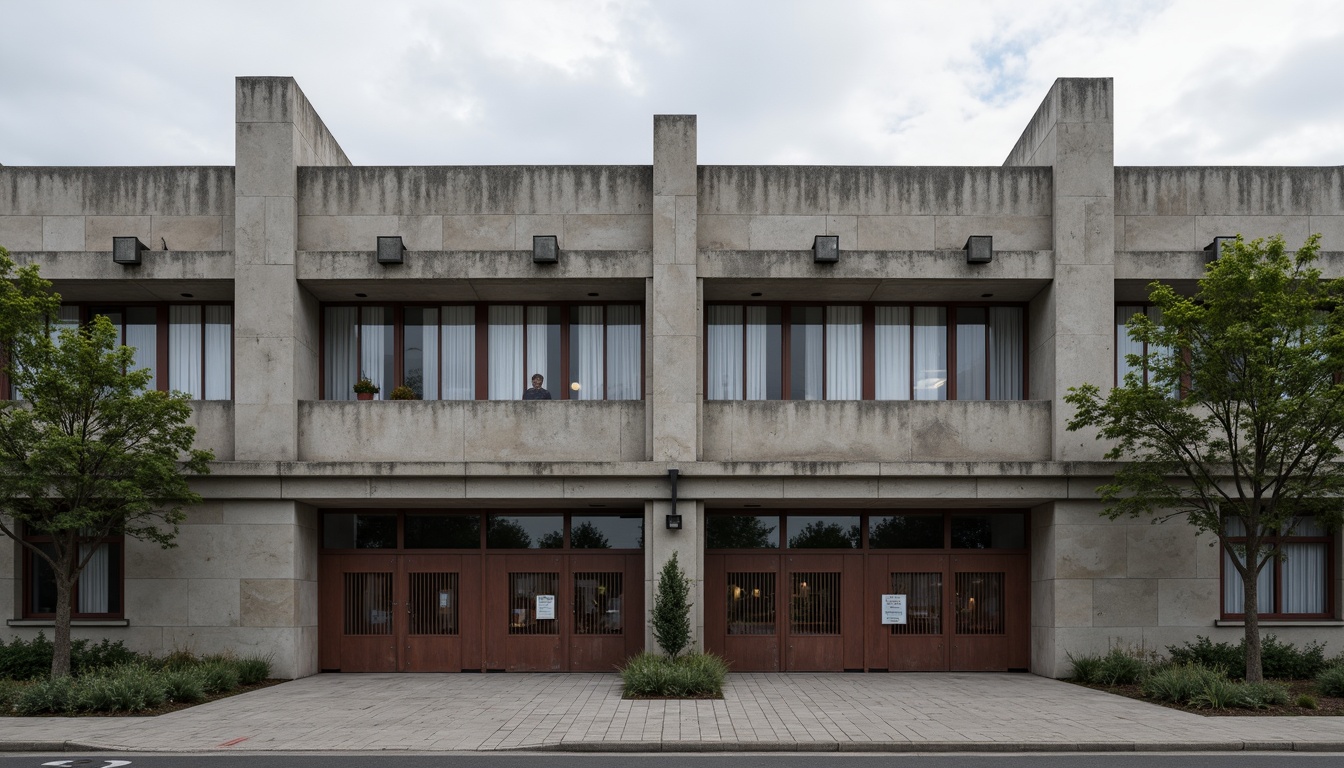 Prompt: Rugged elementary school facade, brutalist architecture, raw concrete walls, fortress-like structure, asymmetrical composition, bold geometric shapes, industrial-style windows, metal grilles, weathered steel doors, urban landscape, cityscape background, overcast sky, dramatic shadows, high-contrast lighting, 1/2 composition, close-up shot, realistic textures, ambient occlusion.