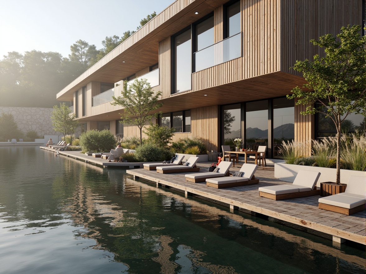 Prompt: Weathered wooden docks, rustic stone walls, natural cedar siding, glassy lake reflections, serene misty mornings, soft warm lighting, shallow depth of field, 3/4 composition, panoramic view, realistic water textures, ambient occlusion, modern lakefront architecture, sleek metal accents, minimalist design, sustainable energy solutions, solar panels, green roofs, eco-friendly materials, innovative cooling technologies, shaded outdoor spaces, misting systems, nautical-inspired decor, vibrant colorful textiles, intricate geometric motifs.