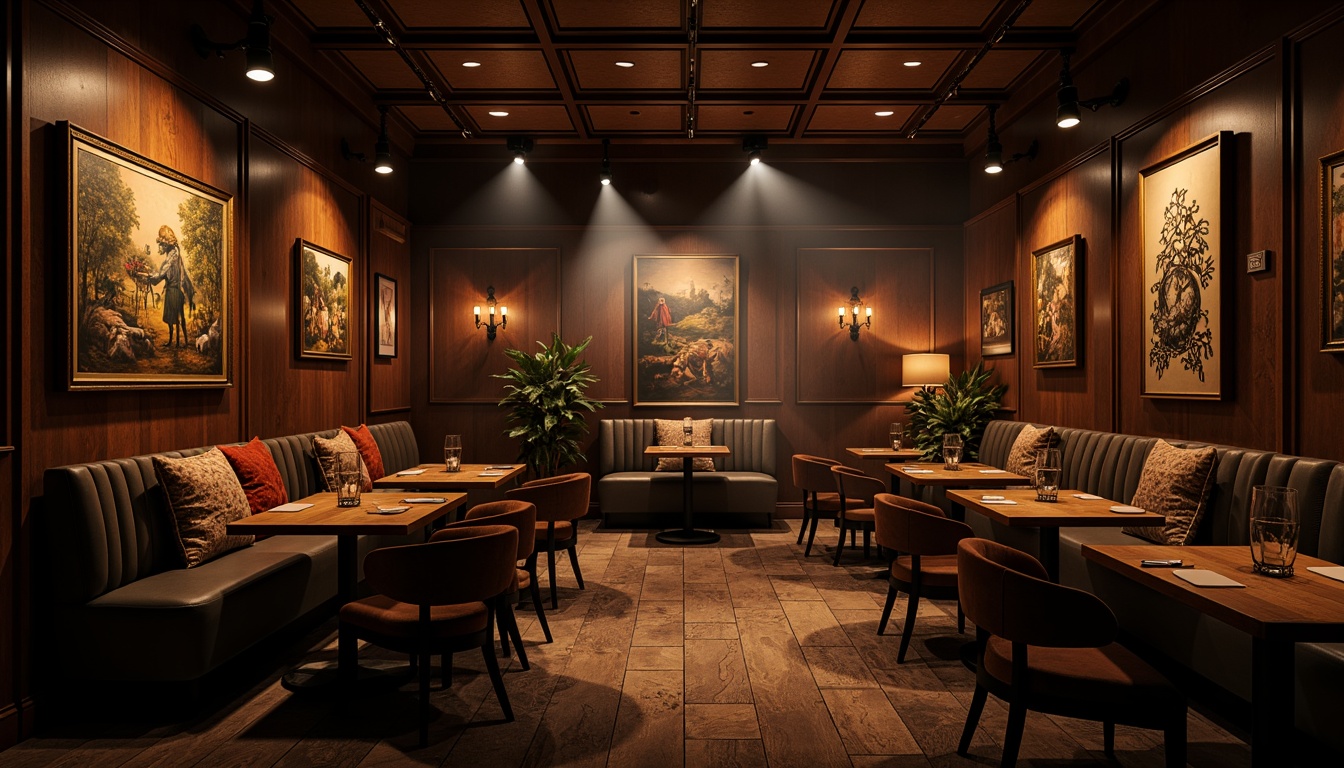 Prompt: Moody restaurant interior, warm golden lighting, soft shadows, dramatic spotlights, rich wood tones, luxurious velvet fabrics, ornate metal fixtures, eclectic art pieces, vintage decorative items, distressed textures, warm color palette, intimate ambiance, low-key illumination, cinematic atmosphere, 1/2 composition, shallow depth of field, realistic reflections, ambient occlusion.