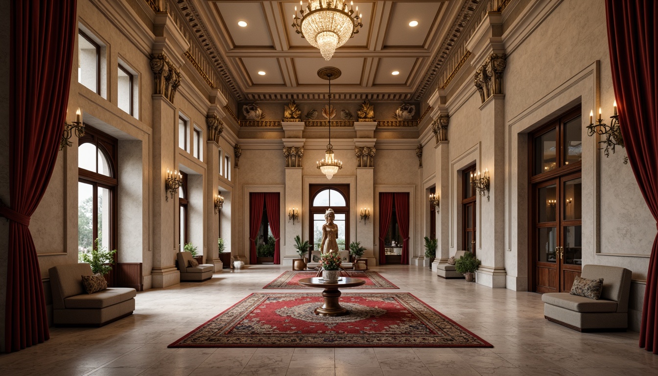 Prompt: Elegant classical buildings, ornate stone carvings, grandiose columns, intricately designed arches, marble floors, polished wooden doors, bronze hardware, crystal chandeliers, luxurious velvet drapes, richly patterned rugs, subtle warm lighting, shallow depth of field, 1/1 composition, symmetrical view, realistic textures, ambient occlusion.