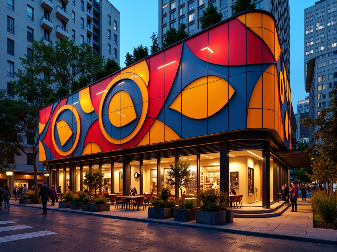 Prompt: Vibrant restaurant facade, expressionist architecture, bold geometric shapes, bright primary colors, abstract patterns, irregular forms, dynamic lighting effects, neon signs, metallic accents, industrial materials, exposed ductwork, urban cityscape, bustling streets, evening atmosphere, warm golden lighting, shallow depth of field, 1/1 composition, dramatic shadows, high-contrast textures.