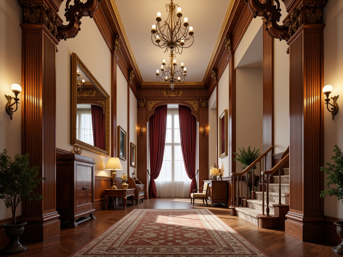 Prompt: Elegant mansion, grand foyer, sweeping staircase, ornate chandeliers, rich wood paneling, luxurious velvet drapes, antique furniture pieces, intricate carvings, gilded frames, soft warm lighting, shallow depth of field, 1/1 composition, realistic textures, ambient occlusion, symmetrical layout, balanced proportions, harmonious color palette, cream-colored walls, dark hardwood floors, ornate mirrors, lavish textiles, subtle patterns.