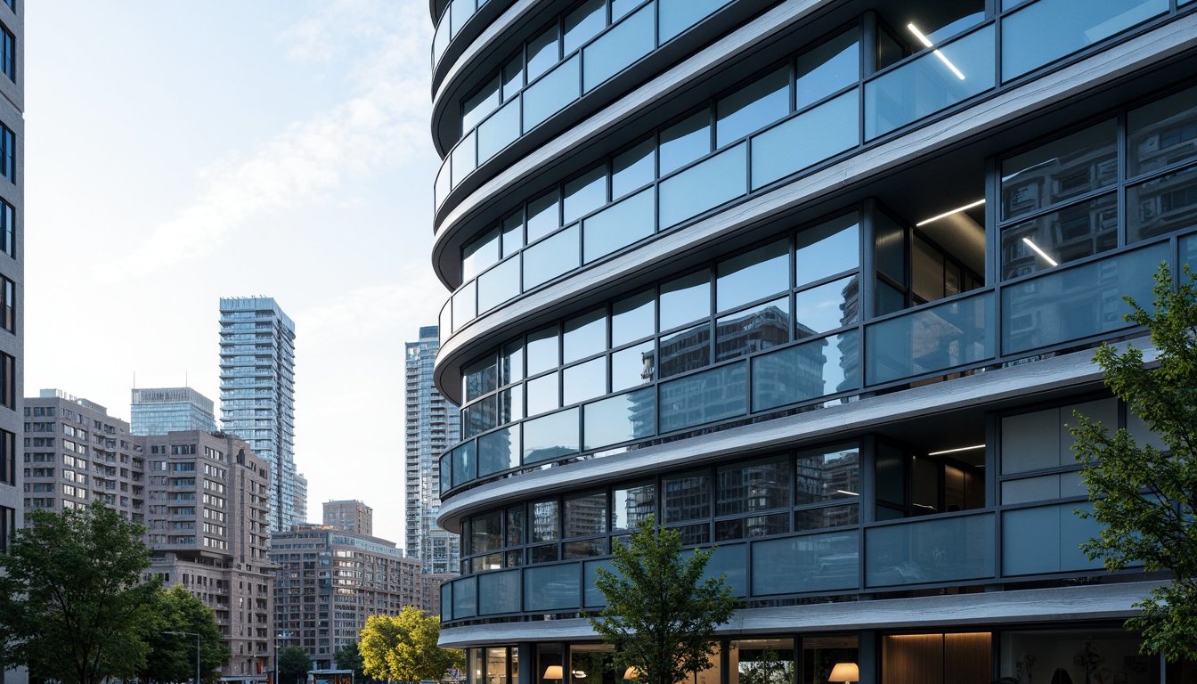 Prompt: Curved building facade, metallic materials, chrome accents, horizontal lines, rounded edges, nautical-inspired design, oceanic blue hues, wave-like patterns, minimalist ornamentation, functional simplicity, urban cityscape, morning sunlight, soft shadows, shallow depth of field, 2/3 composition, symmetrical framing, realistic reflections, ambient occlusion.