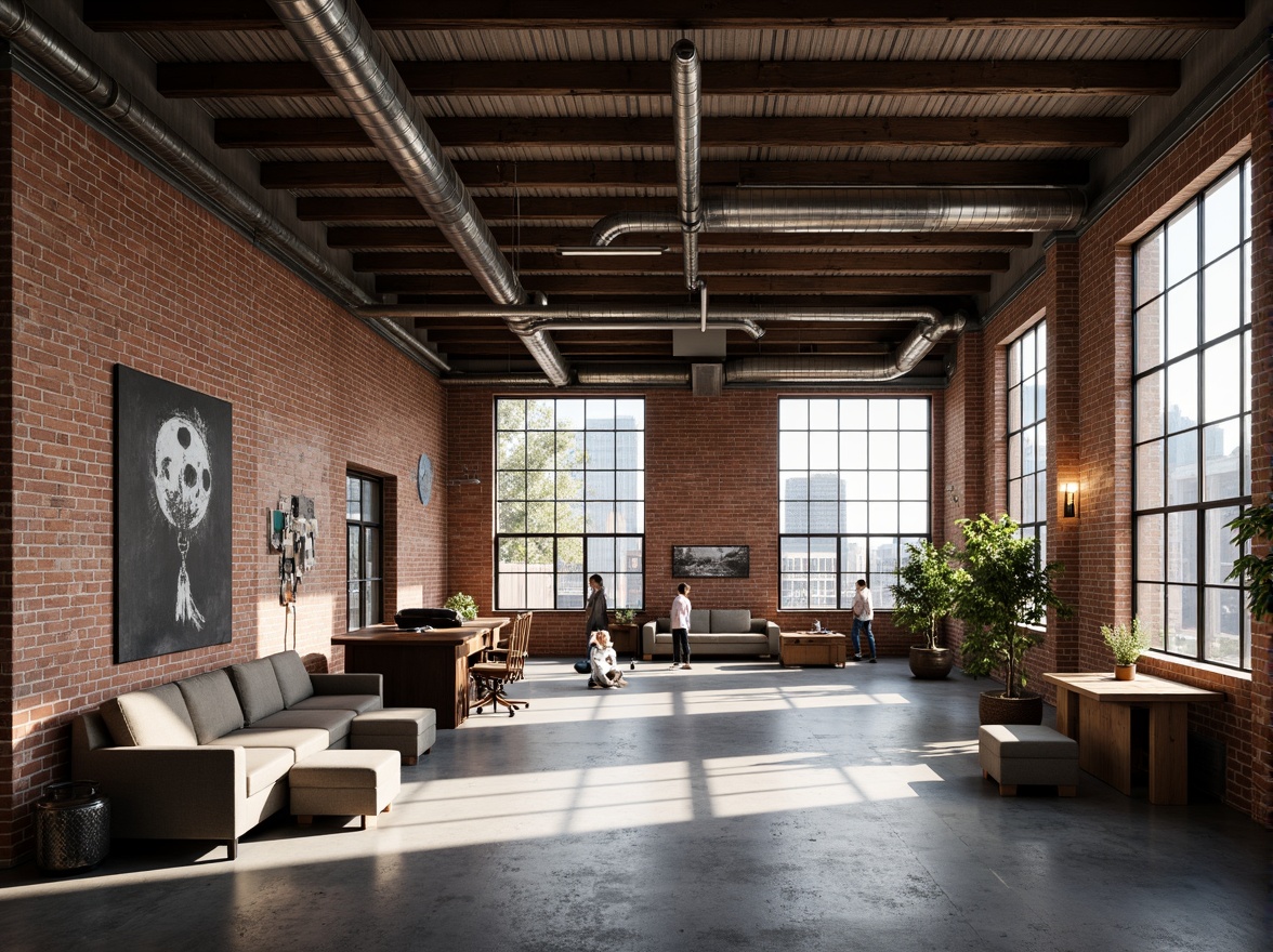 Prompt: Exposed brick walls, metal beams, reclaimed wood accents, industrial-style lighting fixtures, concrete floors, urban cityscape views, converted warehouse spaces, modern minimalist decor, functional pipes and ductwork, distressed textures, neutral color palette, high ceilings, open floor plans, eclectic vintage furniture, Edison bulb pendants, steel windows, brutalist architecture, dramatic shadows, low-key ambient lighting, 1/1 composition, realistic renderings.