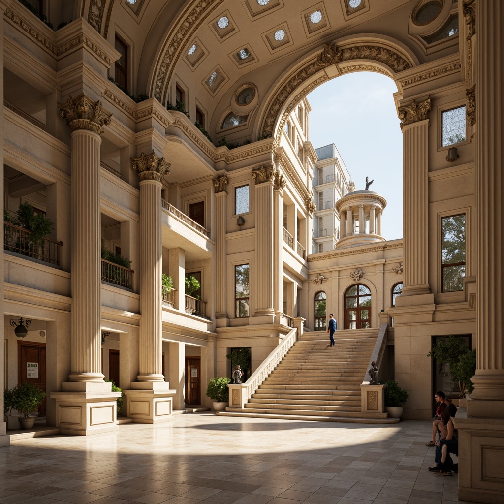 Prompt: Grandiose columns, ornate capitals, symmetrical facades, rusticated bases, arched windows, pedimented roofs, carved stone decorations, intricate moldings, grand staircases, sweeping balconies, ornate ironwork, classical statues, marble floors, high ceilings, natural light pouring in, warm beige tones, subtle shadows, 1/1 composition, central perspective, realistic textures, ambient occlusion.