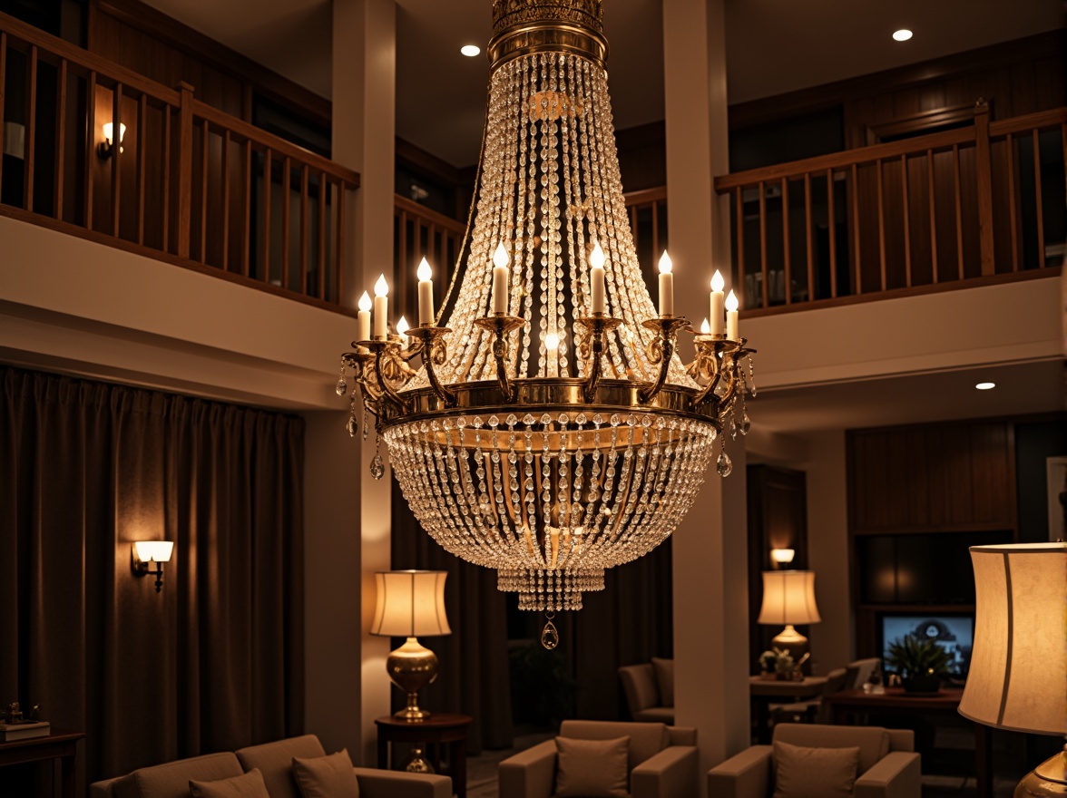 Prompt: Elegant chandeliers, ornate metalwork, crystal droplets, warm soft glow, cozy atmosphere, luxurious living rooms, high ceilings, grand staircases, opulent furnishings, rich wood tones, velvet drapes, floor lamps, table lamps, pendant lights, recessed lighting, ambient illumination, dramatic shadows, 3/4 composition, shallow depth of field, realistic textures, warm color palette.