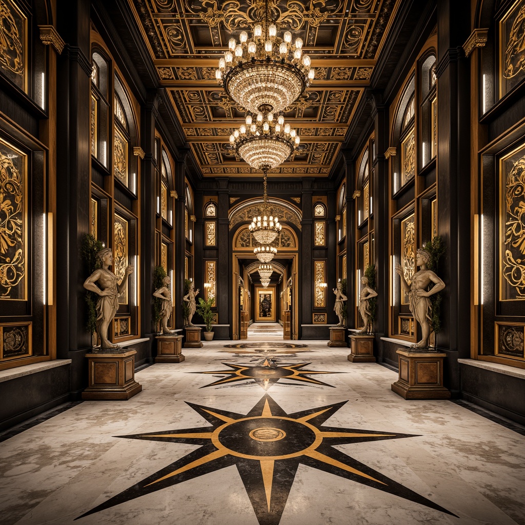 Prompt: Intricate geometric patterns, ornate metalwork, luxurious marble surfaces, grandiose statues, symmetrical compositions, opulent chandeliers, lavish mosaics, bold typography, stylized florals, zigzag motifs, chevron designs, sunburst patterns, metallic accents, polished chrome details, rich jewel tones, dramatic lighting effects, low-angle photography, cinematic atmosphere, high-contrast rendering, detailed textures, realistic reflections.