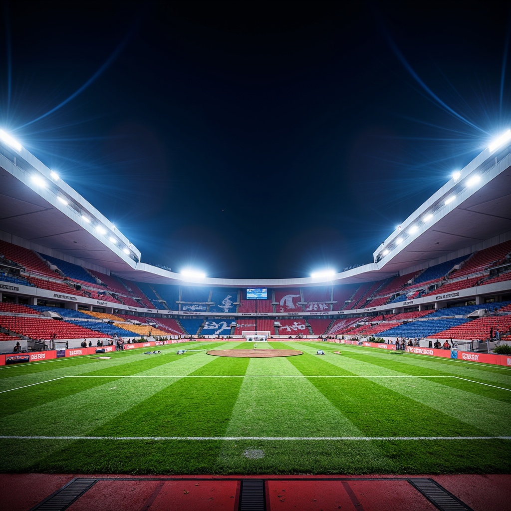 Prompt: Vibrant stadium architecture, bold team color schemes, dynamic LED lighting, sleek modern curves, angular lines, polished metal surfaces, premium leather seats, lush green grass fields, athletic track lanes, scoreboard displays, floodlighting, dramatic shadows, 3/4 composition, low-angle shot, realistic textures, ambient occlusion.