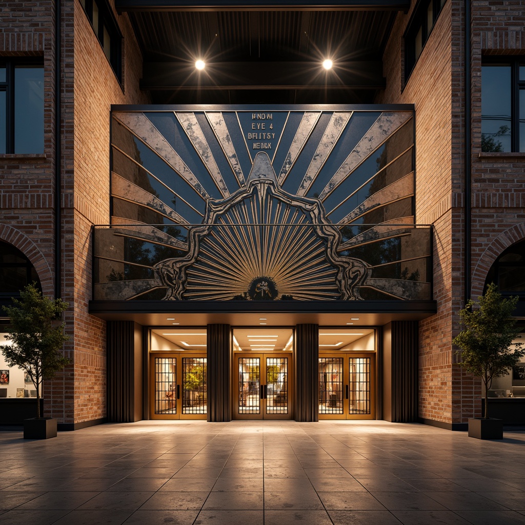 Prompt: Geometric factory facade, Art Deco patterns, metallic materials, industrial chic, ornate decorations, symmetrical composition, bold typography, vintage machinery, exposed brick walls, steel beams, polished concrete floors, grand entrance gates, dramatic spotlights, warm golden lighting, low-angle shot, 1/2 composition, realistic reflections, ambient occlusion.