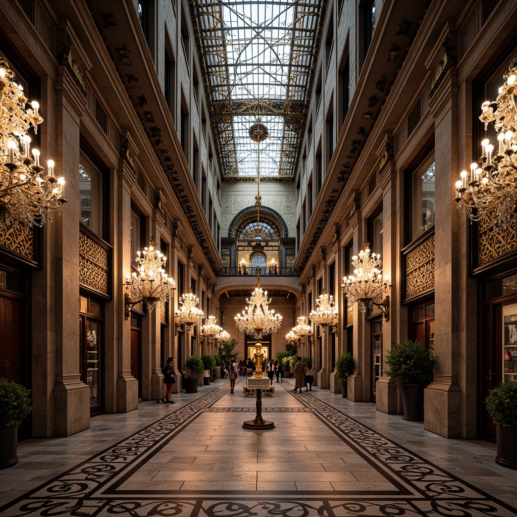 Prompt: Intricate geometric patterns, ornate metalwork, luxurious marble surfaces, grandiose statues, symmetrical compositions, opulent chandeliers, lavish mosaics, bold typography, stylized florals, zigzag motifs, chevron designs, sunburst patterns, metallic accents, polished chrome details, rich jewel tones, dramatic lighting effects, low-angle photography, cinematic atmosphere, high-contrast rendering, detailed textures, realistic reflections.