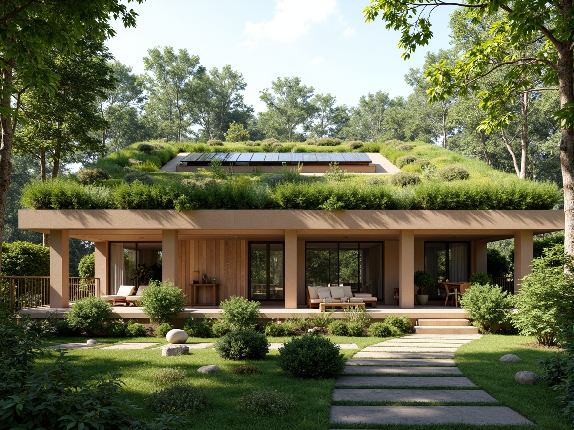 Prompt: Eco-friendly residential building, lush green roof, solar panels, rainwater harvesting system, recycled wood accents, low-carbon footprint, natural ventilation, large windows, minimal waste design, bamboo flooring, reclaimed wood furniture, living walls, vertical gardens, organic textures, earthy color palette, soft natural lighting, shallow depth of field, 3/4 composition, panoramic view, realistic renderings, ambient occlusion.