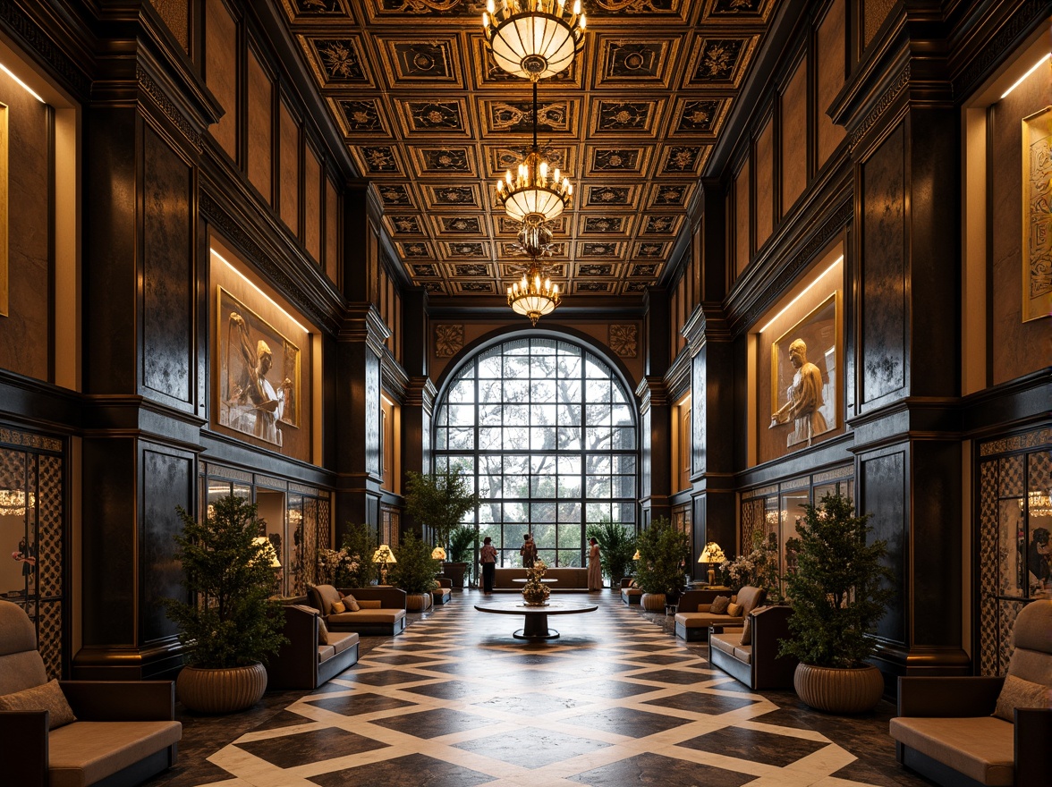 Prompt: Intricate geometric patterns, ornate metalwork, luxurious marble surfaces, grandiose statues, symmetrical compositions, opulent chandeliers, lavish mosaics, bold typography, stylized florals, zigzag motifs, chevron designs, sunburst patterns, metallic accents, polished chrome details, rich jewel tones, dramatic lighting effects, low-angle photography, cinematic atmosphere, high-contrast rendering, detailed textures, realistic reflections.