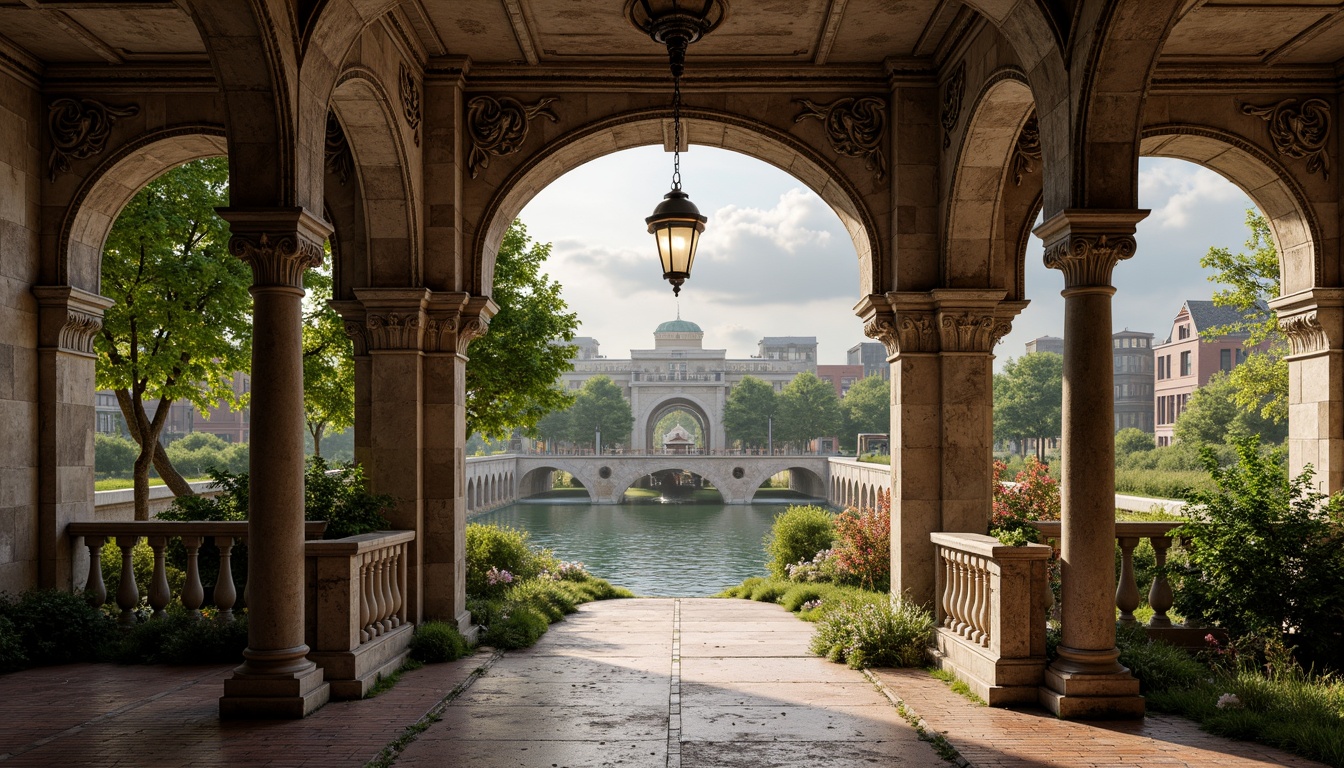 Prompt: Rustic stone archways, ornate carvings, grandiose bridges, serene water reflections, lush greenery, vibrant flowers, majestic pillars, classical balustrades, intricate stonework, weathered brick surfaces, ornamental lanterns, soft warm lighting, shallow depth of field, 3/4 composition, panoramic view, realistic textures, ambient occlusion.