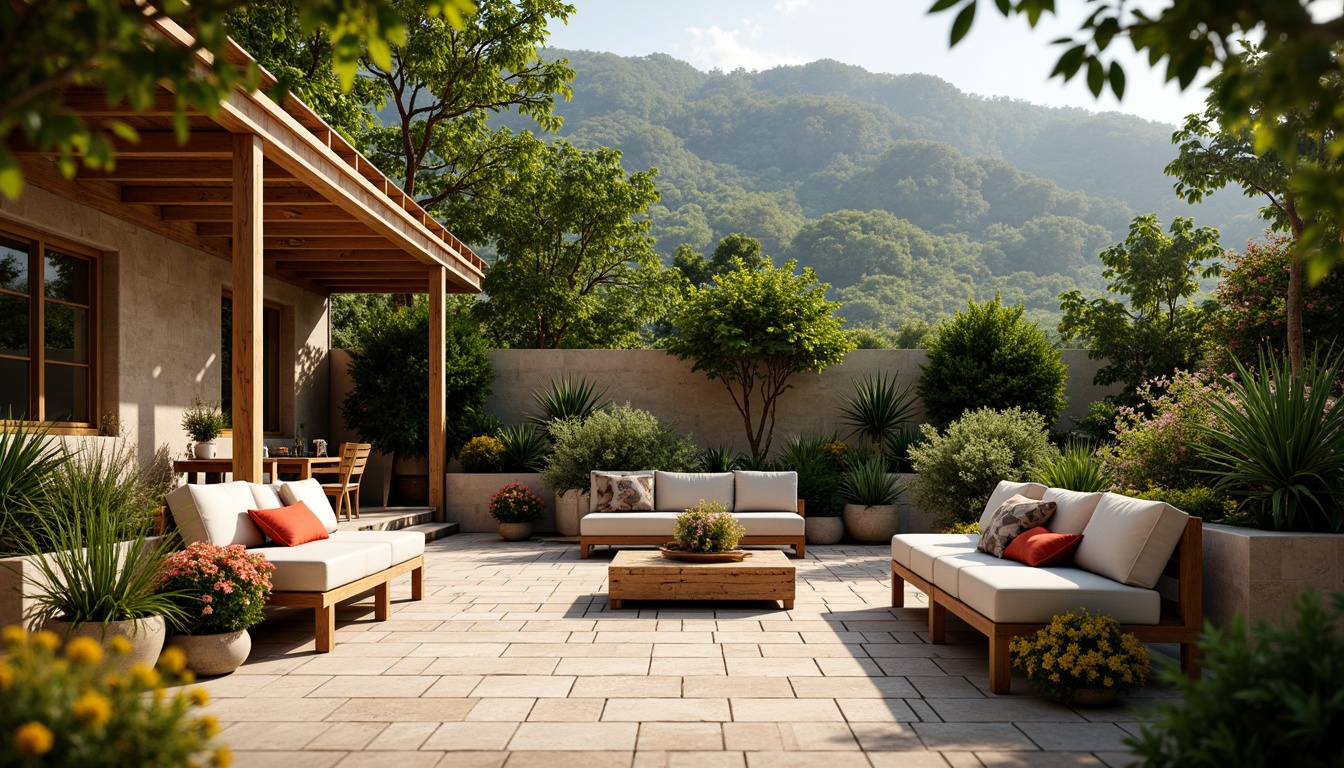 Prompt: Cozy patio, lush greenery, vibrant flowers, comfortable seating areas, wooden benches, rustic stone walls, warm string lights, soft cushions, natural textiles, earthy color palette, serene ambiance, gentle breeze, sunny afternoon, shallow depth of field, 3/4 composition, panoramic view, realistic textures, ambient occlusion.