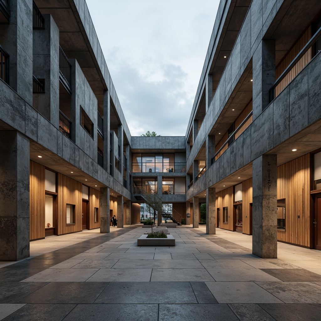 Prompt: Rugged brutalist school building, raw concrete walls, industrial metal beams, exposed ductwork, minimalist decor, functional architecture, earthy tone color palette, muted grays, weathered browns, industrial blues, warm beige accents, natural stone flooring, polished concrete surfaces, geometric patterns, urban landscape, overcast skies, dramatic shadows, high contrast lighting, 1/1 composition, symmetrical framing, realistic textures, ambient occlusion.