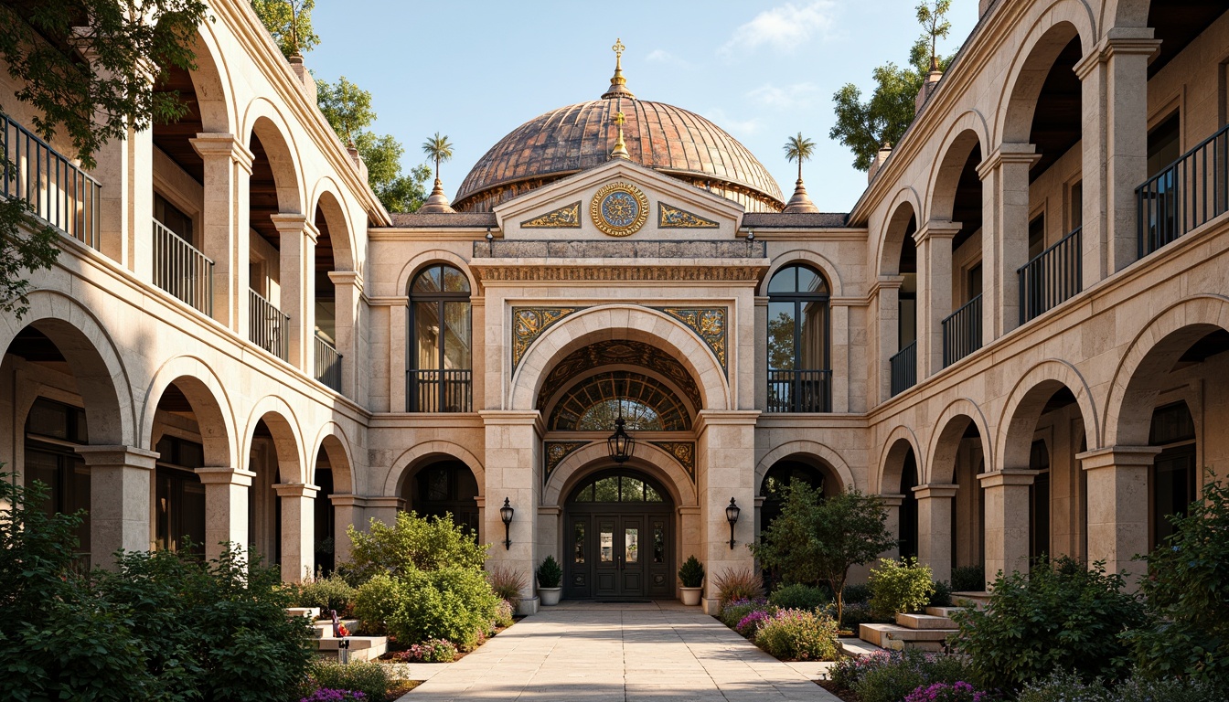 Prompt: Intricate stone carvings, ornate domes, grand archways, vibrant mosaics, golden accents, rustic terracotta tiles, curved rooflines, ornamental finials, weathered copper cladding, aged brick facades, Byzantine-inspired ornaments, lush greenery, serene courtyard, warm afternoon light, soft shadows, 1/1 composition, realistic textures, ambient occlusion.