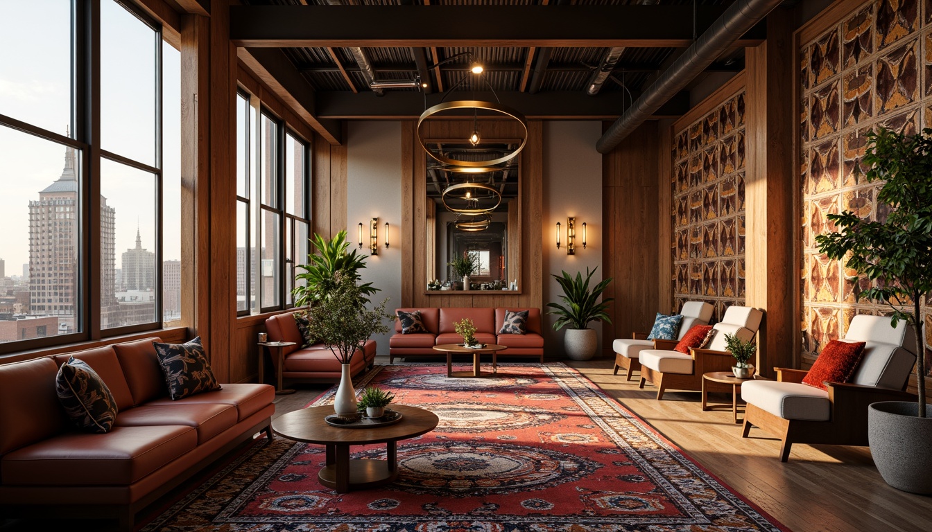 Prompt: Luxurious loft interior, Art Deco inspired patterns, rich velvet fabrics, metallic accents, ornate geometric motifs, bold colorful textiles, plush area rugs, statement lighting fixtures, sleek wooden floors, high ceilings, industrial chic atmosphere, urban cityscape views, warm golden lighting, shallow depth of field, 1/1 composition, realistic textures, ambient occlusion.