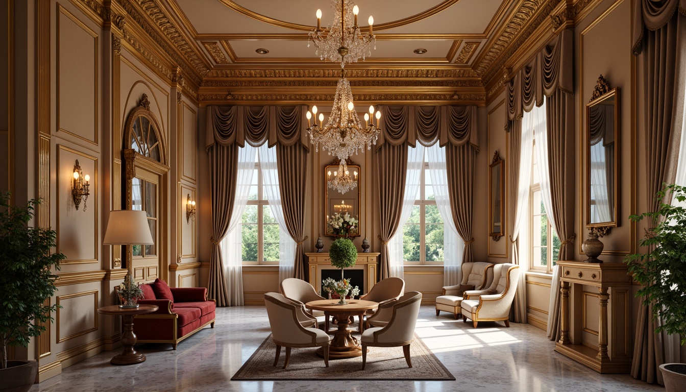 Prompt: Elegant interior spaces, classicism style, rich wood tones, ornate furnishings, luxurious fabrics, velvet drapes, golden accents, crystal chandeliers, marble floors, intricate moldings, soft warm lighting, subtle shadows, 1/1 composition, realistic textures, ambient occlusion, warm beige walls, creamy whites, deep blues, emerald greens, rich reds, gilded frames, ornate mirrors, lavish upholstery, sophisticated ambiance.