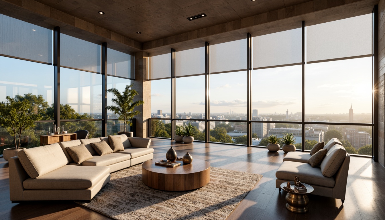 Prompt: Minimalist living room, floor-to-ceiling windows, sleek metal frames, automated blinds, solar shades, thermal insulation, energy-efficient glazing, soundproofing technology, urban cityscape views, morning sunlight, soft warm lighting, shallow depth of field, 3/4 composition, panoramic view, realistic textures, ambient occlusion, modern interior design, luxurious fabrics, subtle patterns, metallic accents.