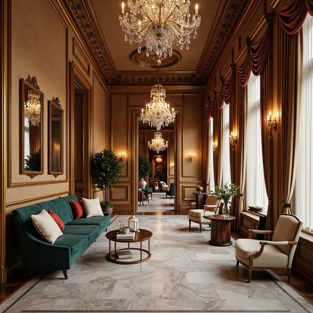 Prompt: Elegant interior spaces, classicism style, rich wood tones, ornate furnishings, luxurious fabrics, velvet drapes, golden accents, crystal chandeliers, marble floors, intricate moldings, soft warm lighting, subtle shadows, 1/1 composition, realistic textures, ambient occlusion, warm beige walls, creamy whites, deep blues, emerald greens, rich reds, gilded frames, ornate mirrors, lavish upholstery, sophisticated ambiance.