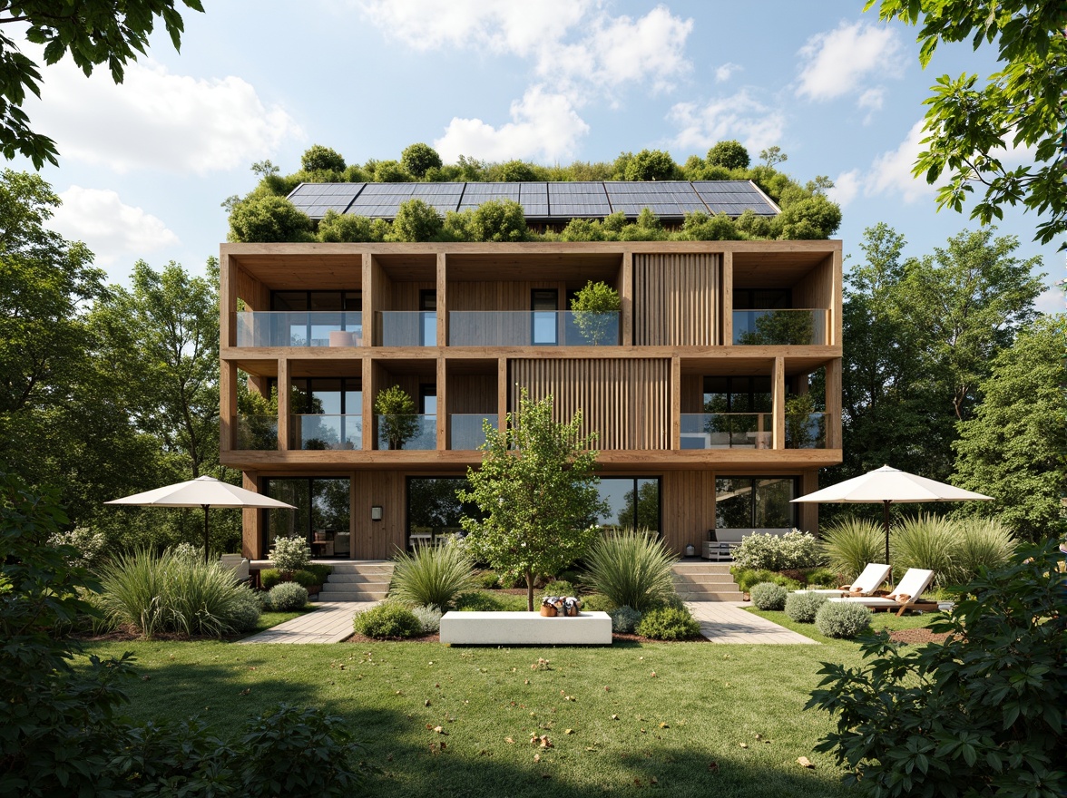 Prompt: Eco-friendly residential building, lush green roof, solar panels, rainwater harvesting system, recycled wood accents, low-carbon footprint, natural ventilation, large windows, minimal waste design, bamboo flooring, reclaimed wood furniture, living walls, vertical gardens, organic textures, earthy color palette, soft natural lighting, shallow depth of field, 3/4 composition, panoramic view, realistic renderings, ambient occlusion.