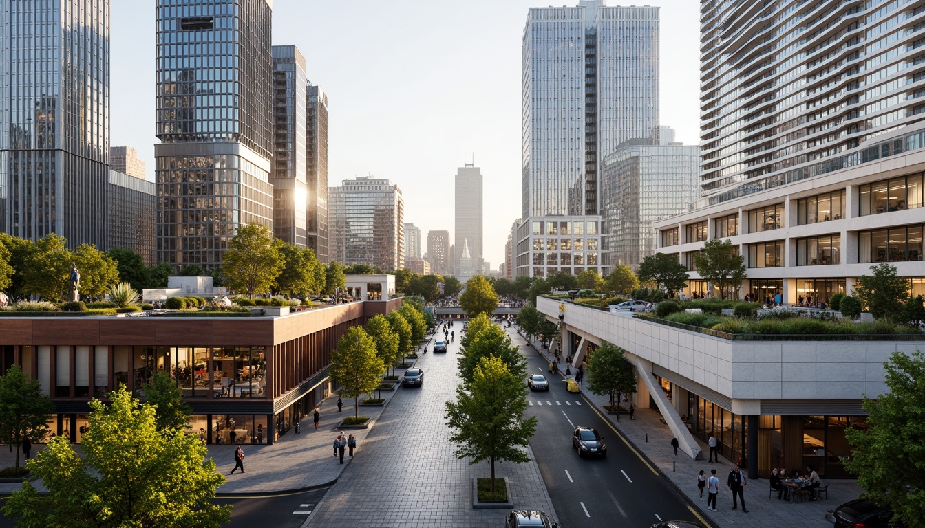 Prompt: Vibrant cityscape, mixed-use development, pedestrian-friendly streets, green roofs, urban gardens, public art installations, modern skyscrapers, sleek glass facades, metallic accents, bustling street life, morning rush hour, soft warm lighting, shallow depth of field, 3/4 composition, panoramic view, realistic textures, ambient occlusion.