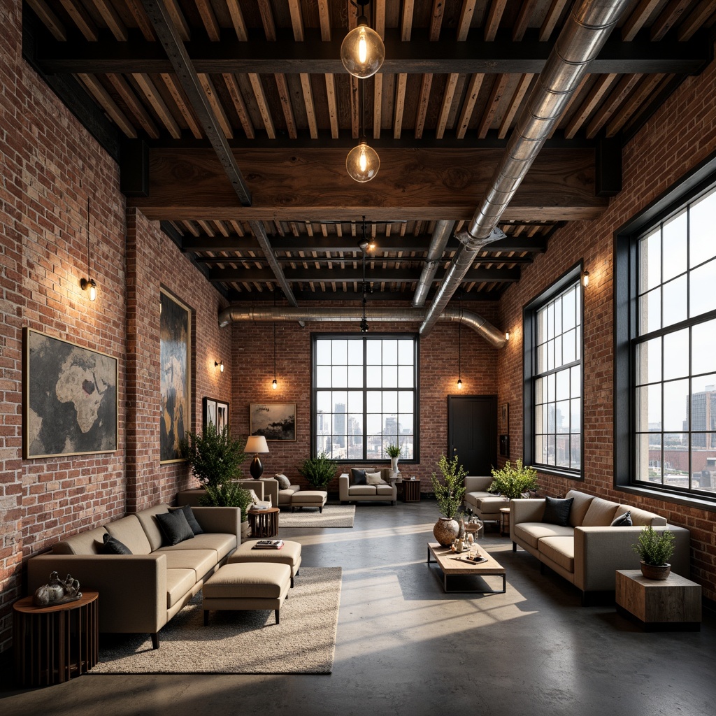 Prompt: Exposed brick walls, metal beams, reclaimed wood accents, industrial-style lighting fixtures, concrete floors, urban cityscape views, converted warehouse spaces, modern minimalist decor, functional pipes and ductwork, distressed textures, neutral color palette, high ceilings, open floor plans, eclectic vintage furniture, Edison bulb pendants, steel windows, brutalist architecture, dramatic shadows, low-key ambient lighting, 1/1 composition, realistic renderings.