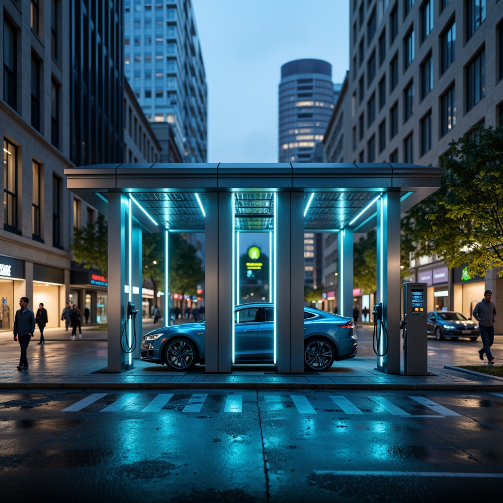 Prompt: Modern charging station, sleek metal design, neon blue accents, LED lighting strips, futuristic architecture, urban cityscape, busy streets, electric vehicle parking, green energy branding, eco-friendly logo, minimalist typography, clean lines, geometric shapes, vibrant color scheme, contrasting tones, high-tech atmosphere, dynamic lighting effects, shallow depth of field, 1/1 composition, realistic textures, ambient occlusion.