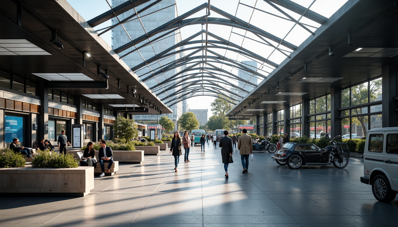 Prompt: Modern bus station interior, sleek metal framework, glass roofs, natural light pouring in, efficient passenger flow, clear signage, digital displays, comfortable seating areas, ample legroom, charging stations, minimalist decor, industrial-style flooring, urban atmosphere, busy morning commute, soft overhead lighting, shallow depth of field, 1/1 composition, realistic textures, ambient occlusion.