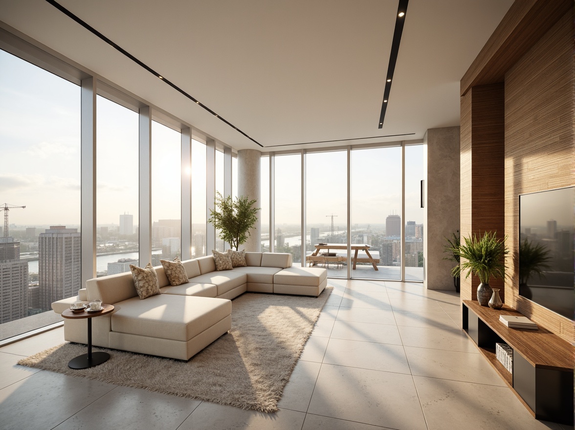 Prompt: Luxurious penthouse, modern minimalist decor, neutral color scheme, creamy whites, rich woods, metallic accents, floor-to-ceiling windows, breathtaking city views, soft warm lighting, 1/1 composition, shallow depth of field, realistic textures, ambient occlusion.